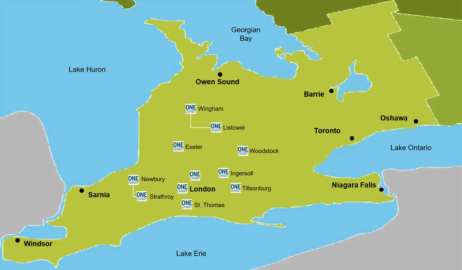 Southern Ontario map of locations